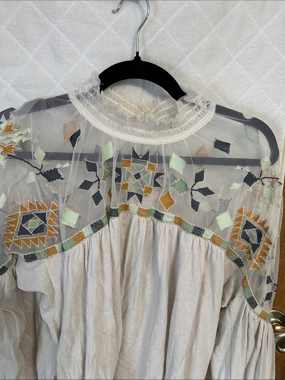 Free People Cream Sheer Yoke Embroidered Blouse - Picture 2 of 7
